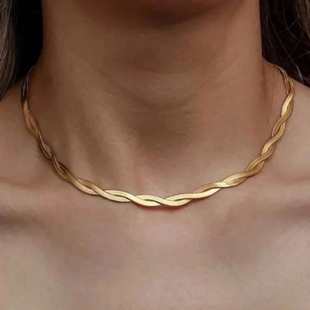 NEW DOUBLE LAYER HERRINGBONE 18K GOLD CHAIN NECKLACE - Picture 1 of 5